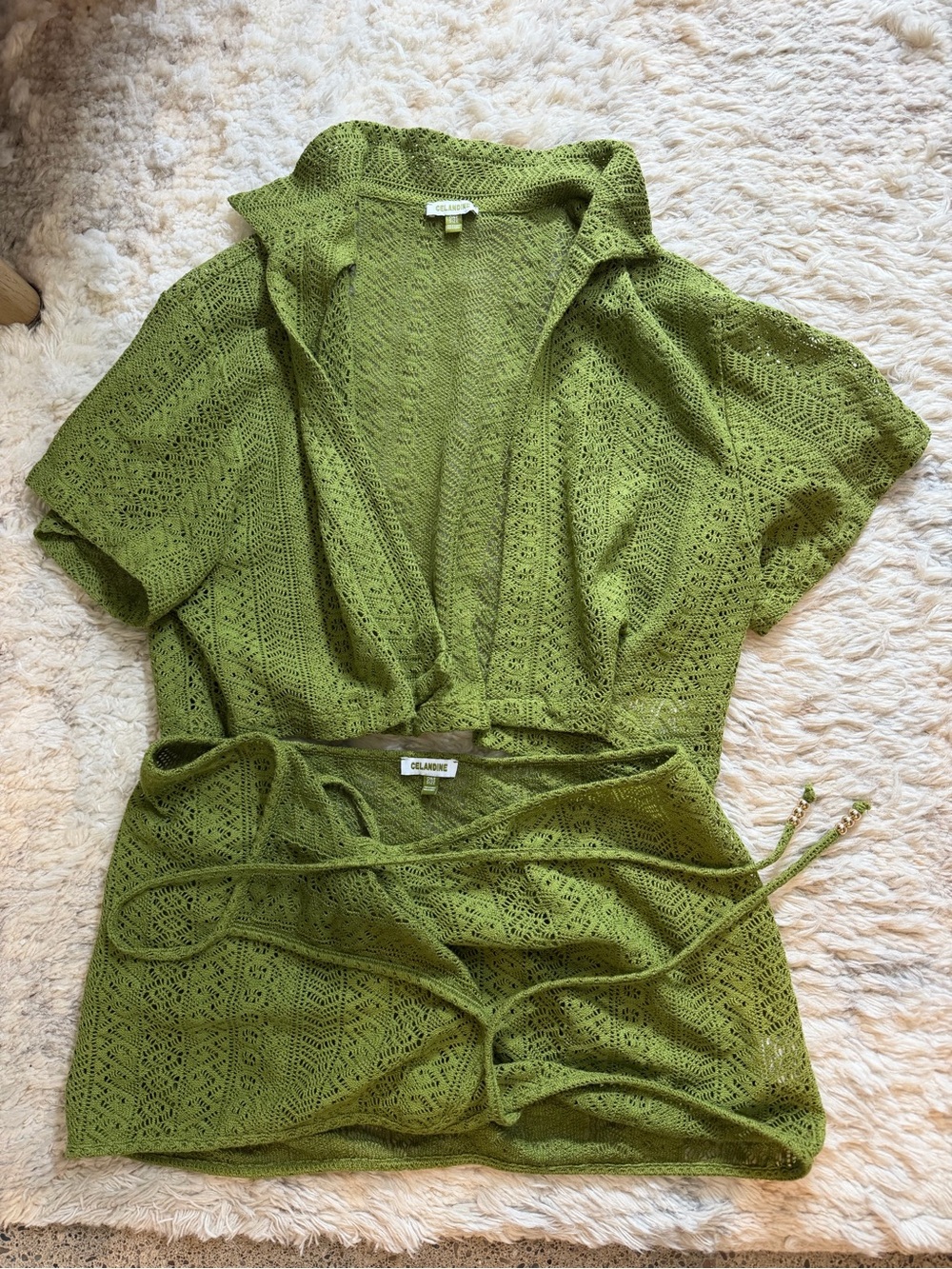 Colloseum Olive Green Crochet Swim Coverup with Tie Waist